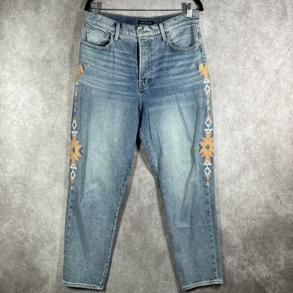 Lucky Brand Jeans Womens‎ 10 High Rise Mom Jean Drew Blue Embroidered Button Fly - Picture 1 of 15